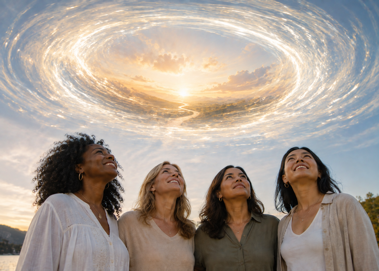Four women looking up together into a wide sky with a glowing circular light, symbolizing openness and wonder