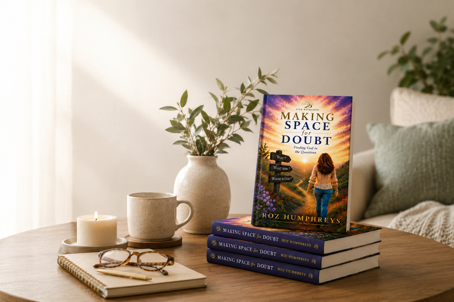 Making Space for Doubt: Finding God in the Questions by Roz Humphreys, standing on a stack of hardcovers on a sunlit side table beside a candle, mug, journal and reading glasses